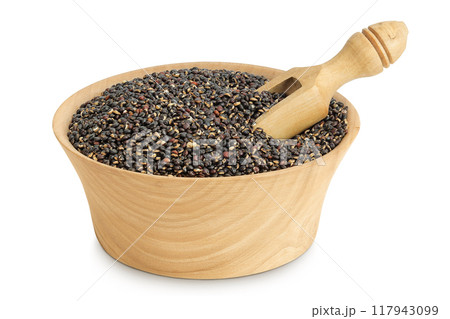black quinoa in wooden bowl isolated on white background 117943099