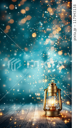 A beautiful, antique, kerosene lantern stands on a wooden table, a magical, festive background. Copy space. 117943138