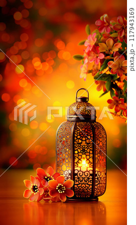 A beautiful, antique, openwork lantern on a festive bokeh background decorated with flowers. Copy space. 117943169