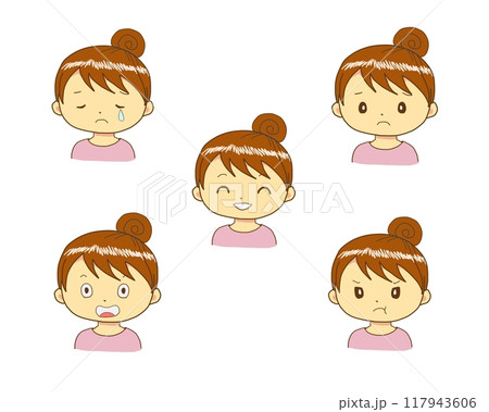 色々な表情の女の子（笑顔、悲しみ、驚き、怒り、困り） 117943606