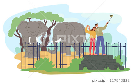 Happy Couple Taking A Selfie At Zoo With Two Elephants In The Background. Pair Is Standing Next To A Fence 117943822