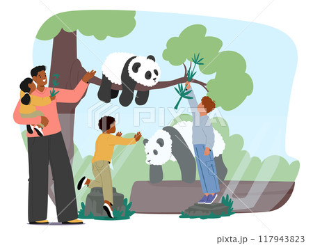 Family Enjoying A Visit To The Zoo, Observing Giant Pandas In Their Enclosure. Cartoon Scene Captures Moments Of Joy 117943823
