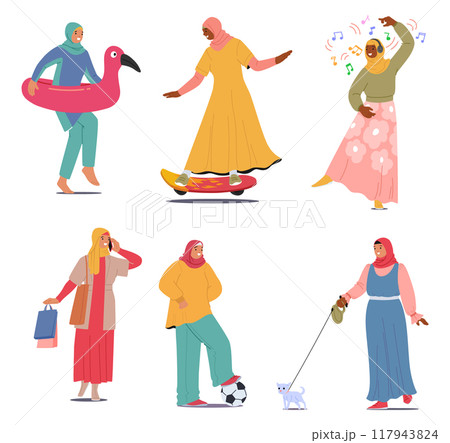 Muslim Women Engaged In Various Activities Such As Skateboarding, Shopping, Walking A Dog, Dancing, Playing Soccer 117943824