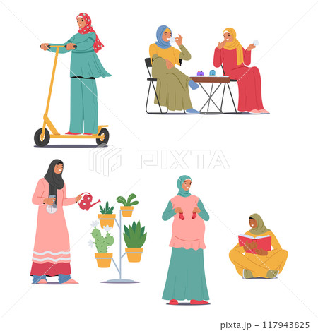 Muslim Women In Traditional Attire Engaging In Different Lifestyle Activities as Riding Scooter, Socializing, Gardening 117943825