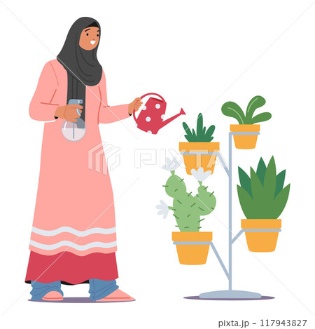 Muslim Woman Character In Pink Dress Watering Potted Plants Indoors. Scene Portrays A Peaceful And Nurturing Lifestyle Muslim Woman Character In Pink Dress Watering Potted Plants Indoors. Scene Portrays A Peaceful And Nurturing Lifestyle 117943827