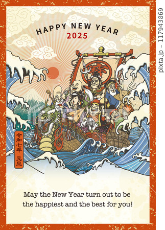 ハガキタテ置きのサイズで作成された「七福神と宝船」というタイトルの、2025年巳年用の賀状テンプレート。
富士山とそこから昇る初日の出（ご来光）をバックに大きな波の間に浮かぶ宝船と乗船している七福神のイラストがハガキいっぱいに描かれており、ハガキ上部には「HAPPY NEW YEAR　2025」という賀詞が、ハガキ下部には「May the New Year turn out to be the happiest and the best for you!」という添え書きが書かれている。
全体的に「和」や「日本」をイメージさせるようなデザインだが、賀詞や添え書きに英語が使用されている分、和洋折衷で、エキセントリックな印象に仕上がっている。