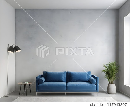 Modern living room with blue sofa, floor lamp, and potted plant in minimalistic design natural light Modern living room with blue sofa, floor lamp, and potted plant in minimalistic design natural light 117943897