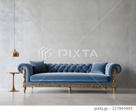 Modern living room with blue sofa, floor lamp, and potted plant in minimalistic design natural light 117943903