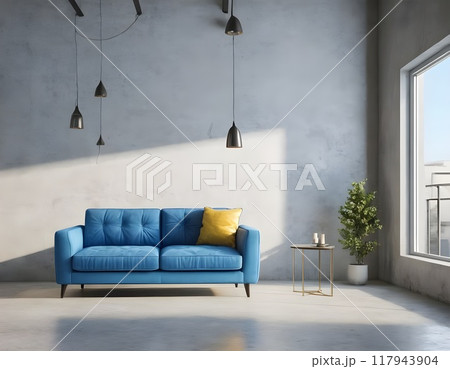 Modern living room with blue sofa, floor lamp, and potted plant in minimalistic design natural light 117943904
