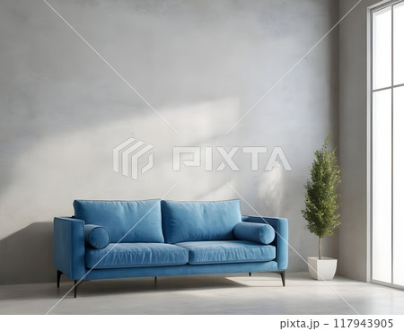 Modern living room with blue sofa, floor lamp, and potted plant in minimalistic design natural light 117943905