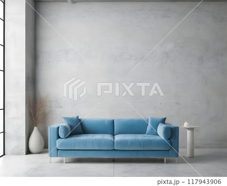 Modern living room with blue sofa, floor lamp, and potted plant in minimalistic design natural light 117943906