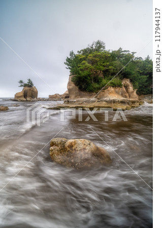 曇天の小島と荒波 117944137