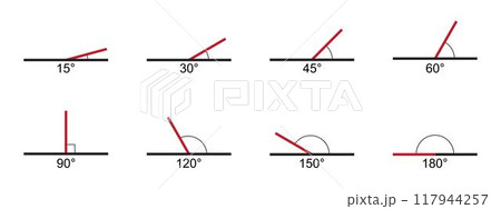 Set of angle degree signs. Collection of various protractor values icons. Geometric or trigonometric measurements. Mathematics symbols isolated on white background. Vector graphic illustration Set of angle degree signs. Collection of various protractor values icons. Geometric or trigonometric measurements. Mathematics symbols isolated on white background. Vector graphic illustration 117944257