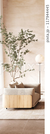 Modern living room featuring a cozy and comfortable sofa paired beautifully with a green plant, 3d rendering Modern living room featuring a cozy and comfortable sofa paired beautifully with a green plant, 3d rendering 117944445