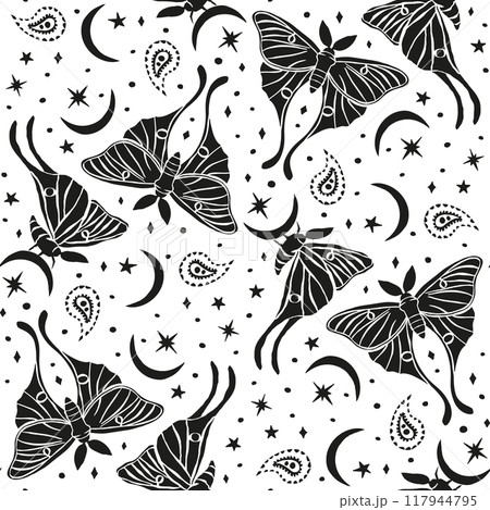 Monochrome seamless pattern with celestial luna moth and paisley motif Monochrome seamless pattern with celestial luna moth and paisley motif 117944795