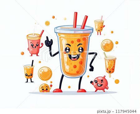 Happy Bubble Tea Cartoon Character: Cute and Cheerful Boba Milk Tea Mascot with Tapioca Pearls and Straw Happy Bubble Tea Cartoon Character: Cute and Cheerful Boba Milk Tea Mascot with Tapioca Pearls and Straw 117945044