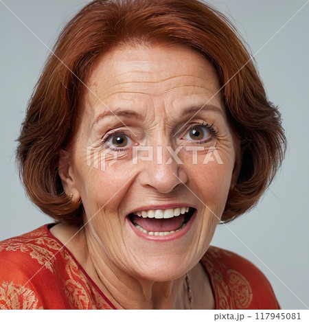 Happy Elderly Woman with Red Hair: Smiling Senior Lady Expressing Joy and Positivity Happy Elderly Woman with Red Hair: Smiling Senior Lady Expressing Joy and Positivity 117945081