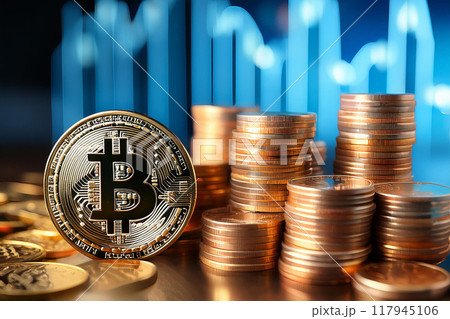 黄金に輝くビットコイン 117945106