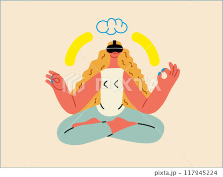 Creative workspace, modern flat vector concept illustration of a woman working sitting meditating with a computer Remote work, flexibility, independence, efficiency, mobility, synergy, freedom Creative workspace, modern flat vector concept illustration of a woman working sitting meditating with a computer Remote work, flexibility, independence, efficiency, mobility, synergy, freedom 117945224