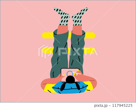 Creative workspace, modern flat vector concept illustration of a woman working laying down with a computer Remote work, flexibility, independence, efficiency, mobility, synergy, freedom 117945225