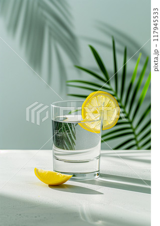A glass of water with a slice of lemon in it A glass of water with a slice of lemon in it 117945533