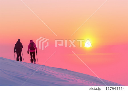 Two people are skiing on a snowy hill with a beautiful sunset in the background 117945534