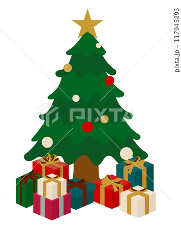 クリスマスツリーとプレゼントの山のイラスト 117945893