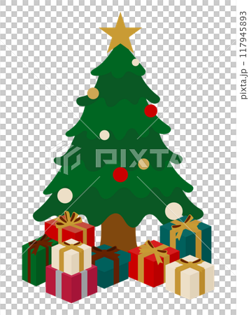 クリスマスツリーとプレゼントの山のイラスト 117945893