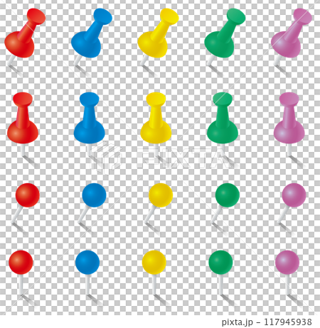 各種形狀的圖釘和圖釘的向量插圖集 117945938