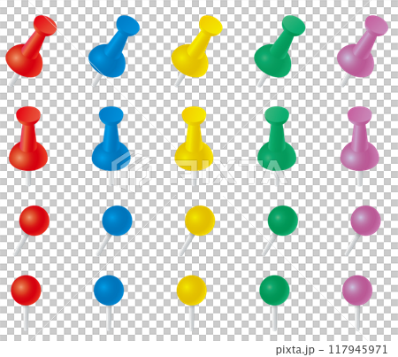 Vector illustration set of push pins and thumb tacks of various shapes 117945971