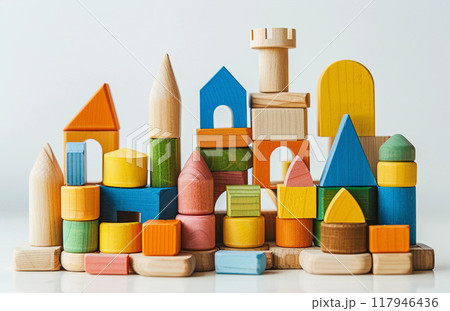 children's wooden construction set in the form of a castle on a white background 117946436