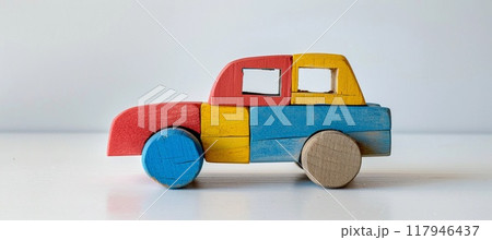 cute car built from a children's wooden construction set on a white background 117946437