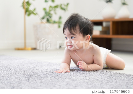 ハイハイする赤ちゃん　オムツでかわいい 117946606