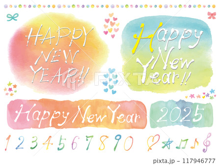 HAPPY NEW YEARの手書き文字および数字のセット-水彩 HAPPY NEW YEARの手書き文字および数字のセット-水彩 117946777