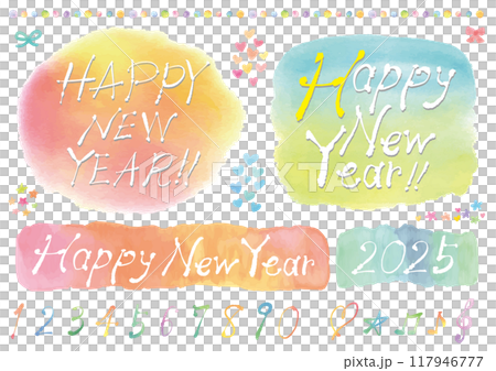 HAPPY NEW YEARの手書き文字および数字のセット-水彩 HAPPY NEW YEARの手書き文字および数字のセット-水彩 117946777