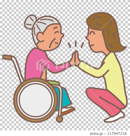 向き合ってハイタッチをするお婆さんと娘さん 117947216