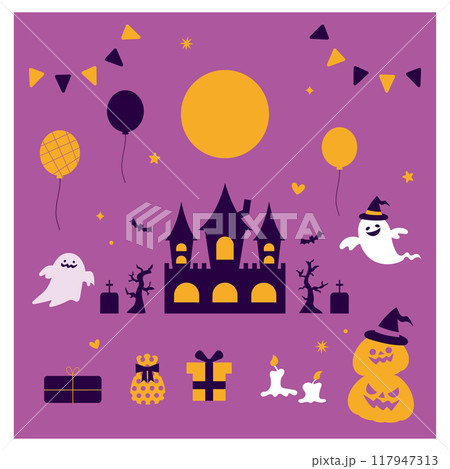 シンプルでかわいいハロウィンのイラスト素材セット シンプルでかわいいハロウィンのイラスト素材セット 117947313