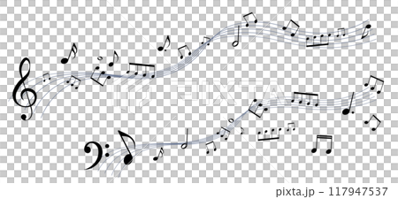 具有透視感的樂譜框架插圖、五線譜、背景插圖、音符、休止符、音樂符號 具有透視感的樂譜框架插圖、五線譜、背景插圖、音符、休止符、音樂符號 117947537