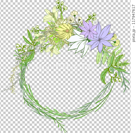 Floral design decorative circle/round illustrated frame with flowers, buds, leaves and grass 117947617