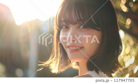 夕陽に照らされた公園で笑顔の可愛い日本人女性 117947705
