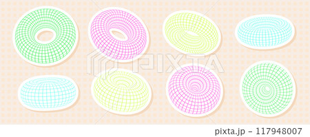 Brightly colored torus shapes in 3D with grid and wireframe mesh patterns. Abstract and retro Y2K donut sticker design, with vibrant geometric and futuristic elements. 117948007
