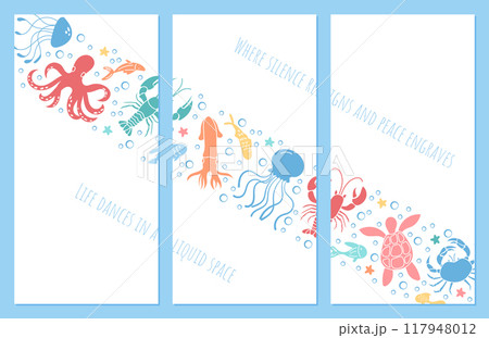 Lively underwater world filled with cheerful marine animals. Oceanic life featuring whimsical sea creatures and colorful reef scenes for graphic, poster template. Aquatic design with cartoon elements. Lively underwater world filled with cheerful marine animals. Oceanic life featuring whimsical sea creatures and colorful reef scenes for graphic, poster template. Aquatic design with cartoon elements. 117948012