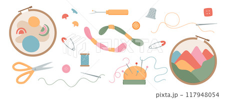 Sewing tools and embroidery supplies set with thread, needle, tailor, sewing, and sew objects. Includes scissors, buttons, pin cushion and embroidery hoops. Flat cartoon graphic, cute vector design. 117948054