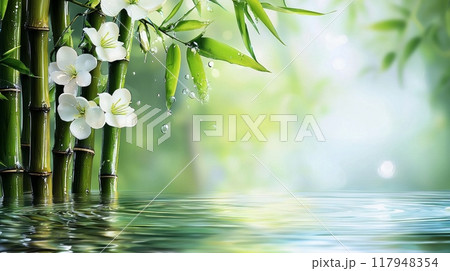 beautiful spa background with bamboo and water 117948354