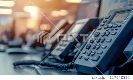 close up soft focus on telephone devices with copy space background at office desk in operation room for customer service support (call center) concept. 117948533