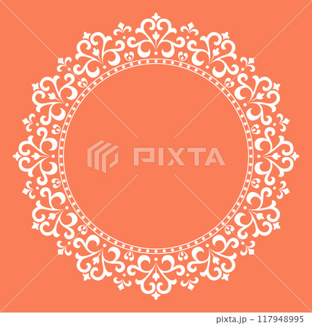 Decorative frame Elegant vector element for design in Eastern style, place for text. Floral pink and white border. Lace illustration for invitations and greeting cards Decorative frame Elegant vector element for design in Eastern style, place for text. Floral pink and white border. Lace illustration for invitations and greeting cards 117948995