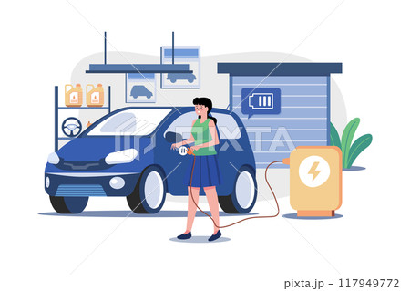 Woman Charging An Electric Car At Home Woman Charging An Electric Car At Home 117949772