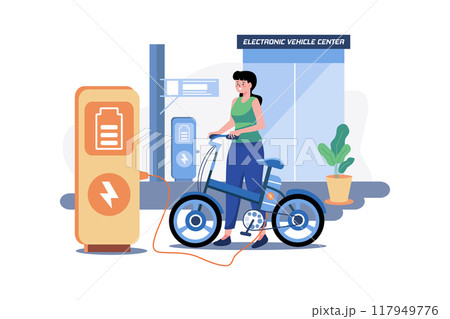 Woman Charges The Electric Bike At Electronic Vehicle Center 117949776