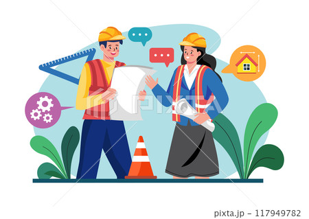 Construction workers discussing on building plan 117949782