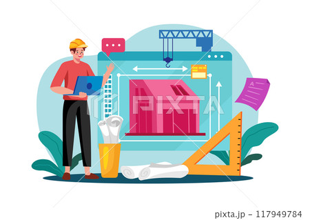 Man contractor working on laptop Man contractor working on laptop 117949784